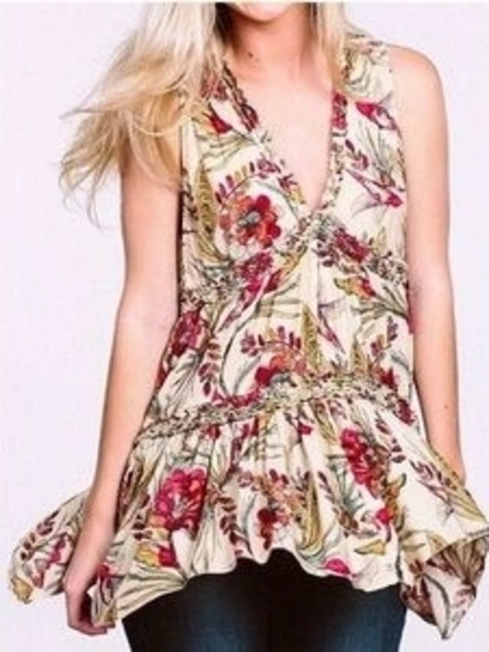 Free People Cream Floral V-Neck Peplum Tank